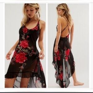 Free‎ People Intimately Black Red Sheer Hi / Lo Midi Slip Dress sz X-Small